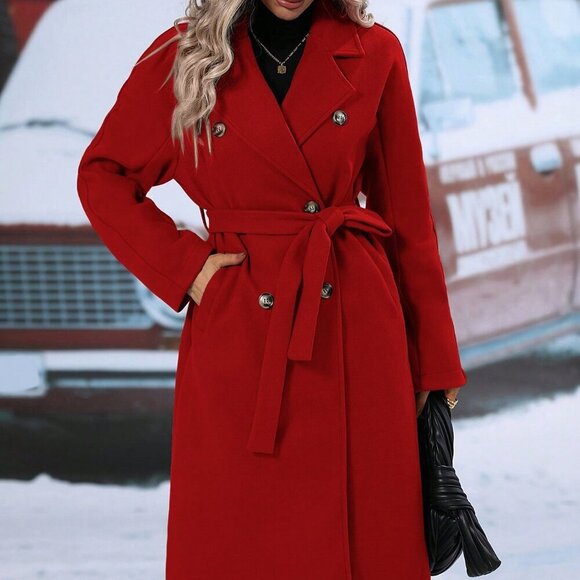 Casual Women's Double Breasted  Lapel Neck Belted jacket Overcoat RED - Picture 4 of 6